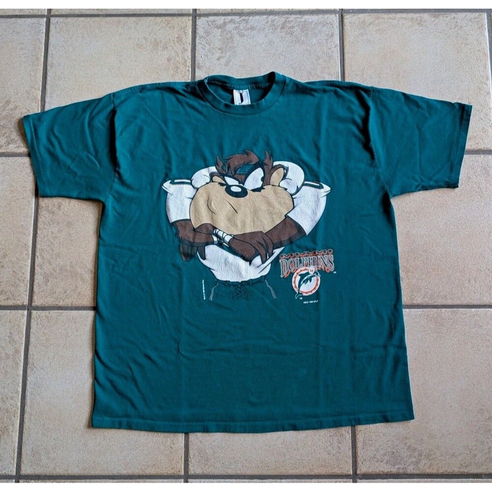 Vintage 90s Taz Miami Dolphins NFL Football Looney  Tunes T-Shirt XL Green 1993